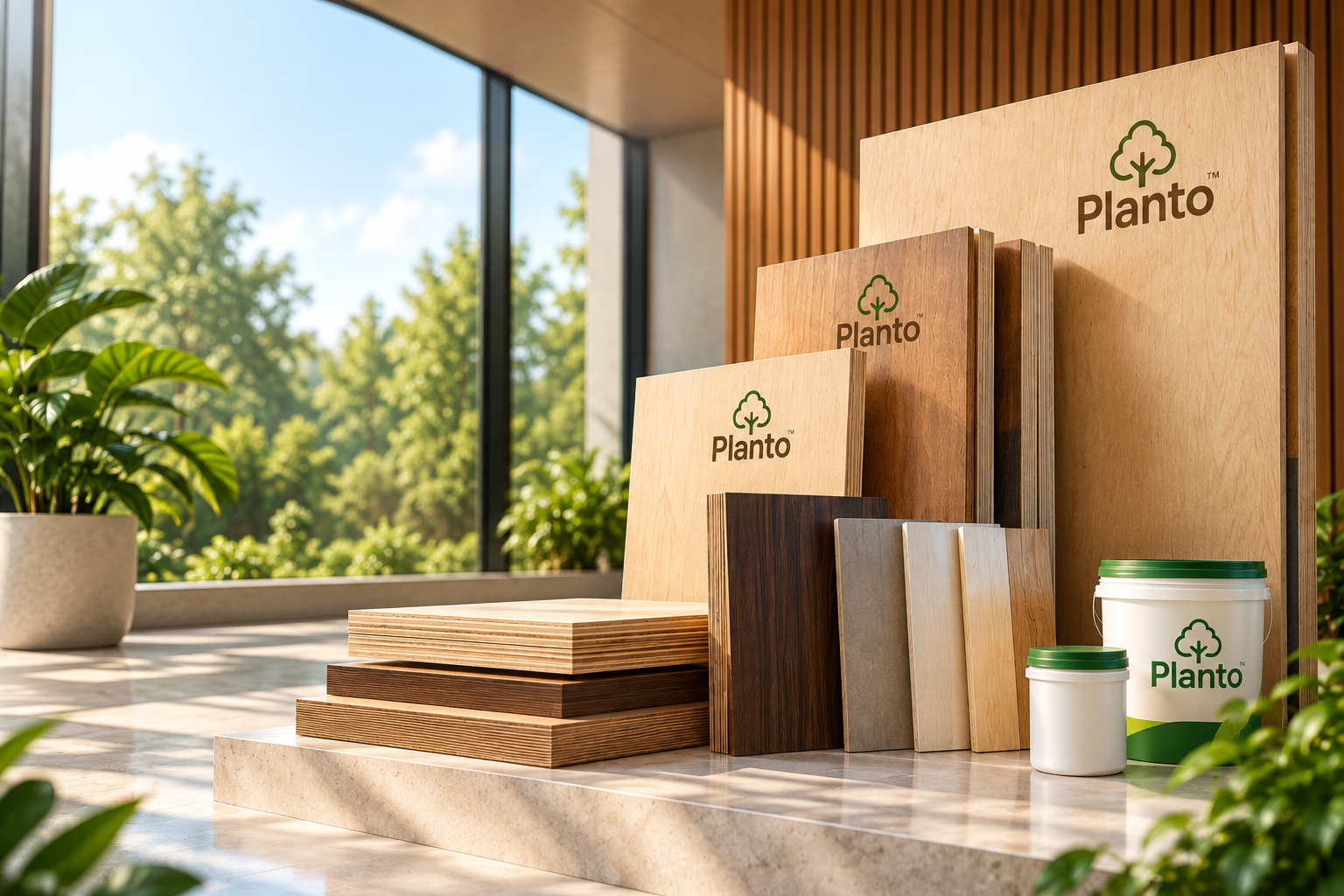 Planto plywood products and wood panels