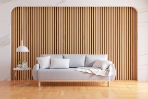 Gray sofa in living room interior with copy space for mock up, 3D rendering