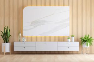 Marble on wall in living room interior for mock up , 3D rendering